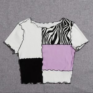 zebra striped print seam front colorblock tee